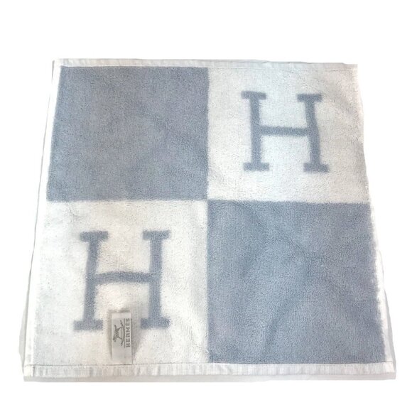HERMES H logo Avalon Hand towel towel cotton Blue x White Unused - Picture 3 of 7
